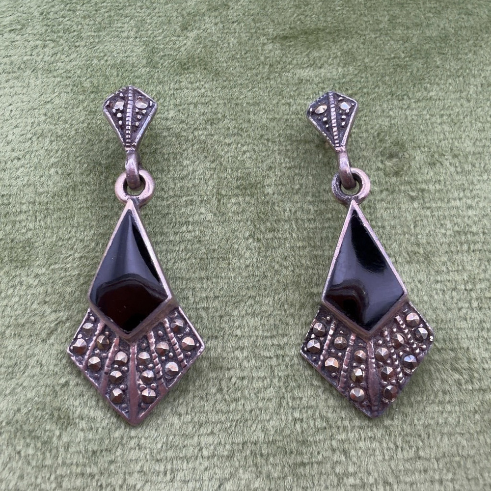 Vintage 925 Sterling Silver Black Stone Marcasite Dangle Earrings 1.25"